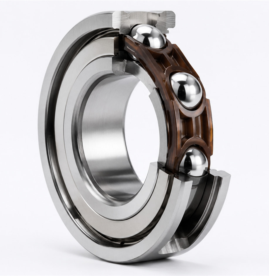 Cutaway of a high speed deep groove ball bearing showing phenolic cage and precision balls